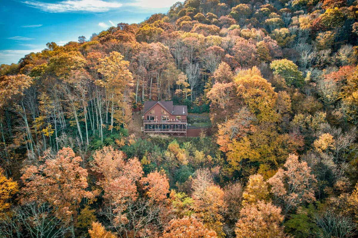The house is nestled among trees with colorful autumn foliage, set against a tranquil mountain backdrop. The property’s exterior conveys the sense of retreat and adventure, suggesting direct access to trails and natural exploration for both humans and their dogs.