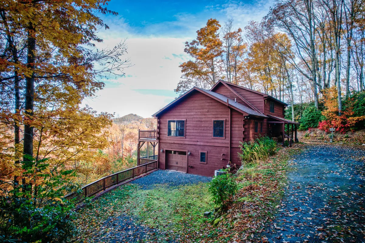 A welcoming view of the wooden house surrounded by lush green trees and a spacious driveway, with the deck and surrounding woodlands clearly visible. The inviting outdoor areas and proximity to nature are evident, reinforcing the idea of outdoor fun and relaxation for pets and owners alike.
